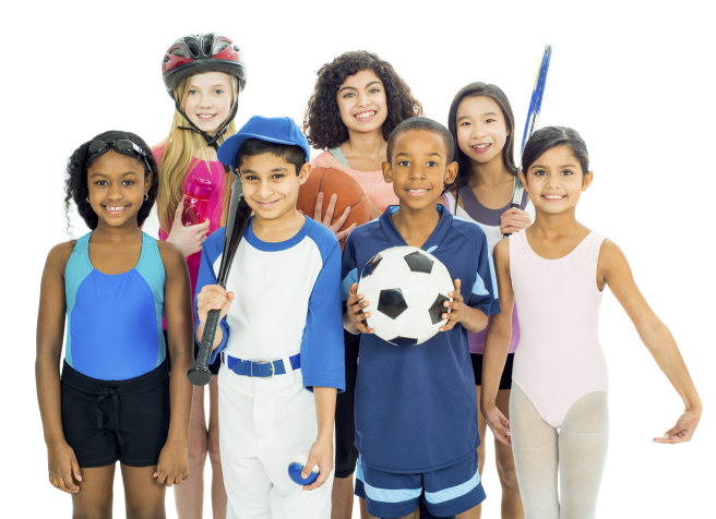 Diverse group of young athletes. Isolated on white background.