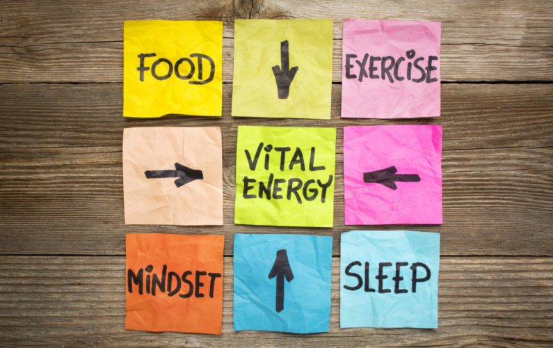 vital energy concept - food, exercise, mindset and sleep handwritten on colorful sticky notes